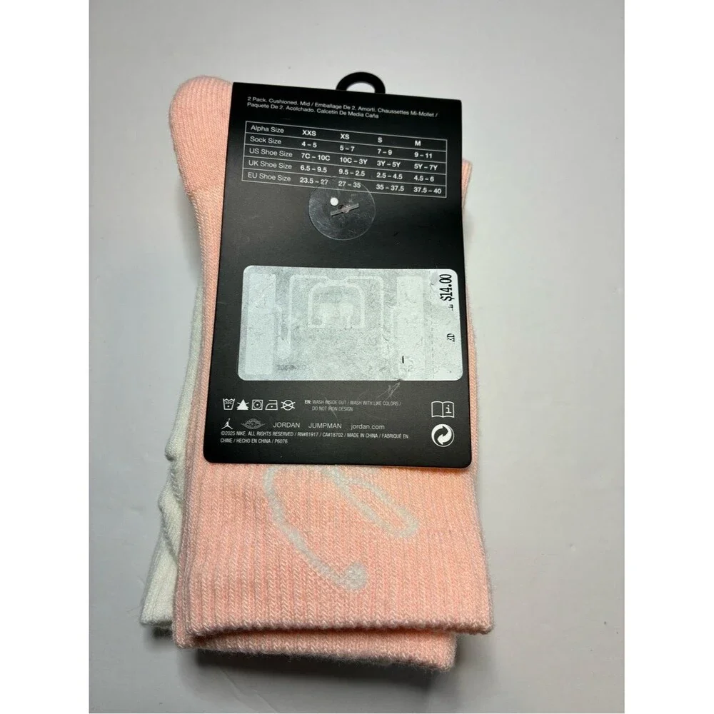 Jordan 2-Pack White Cushioned Crew Socks with pink Embroidery youth 5Y-7Y new